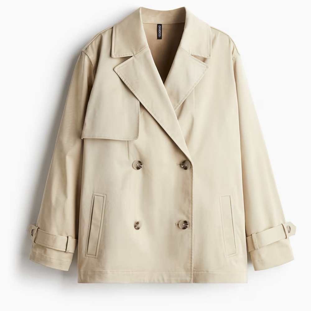 NWT, H&M Short Twill Double Breasted Tie Waist Trench Coat, Beige, Size L